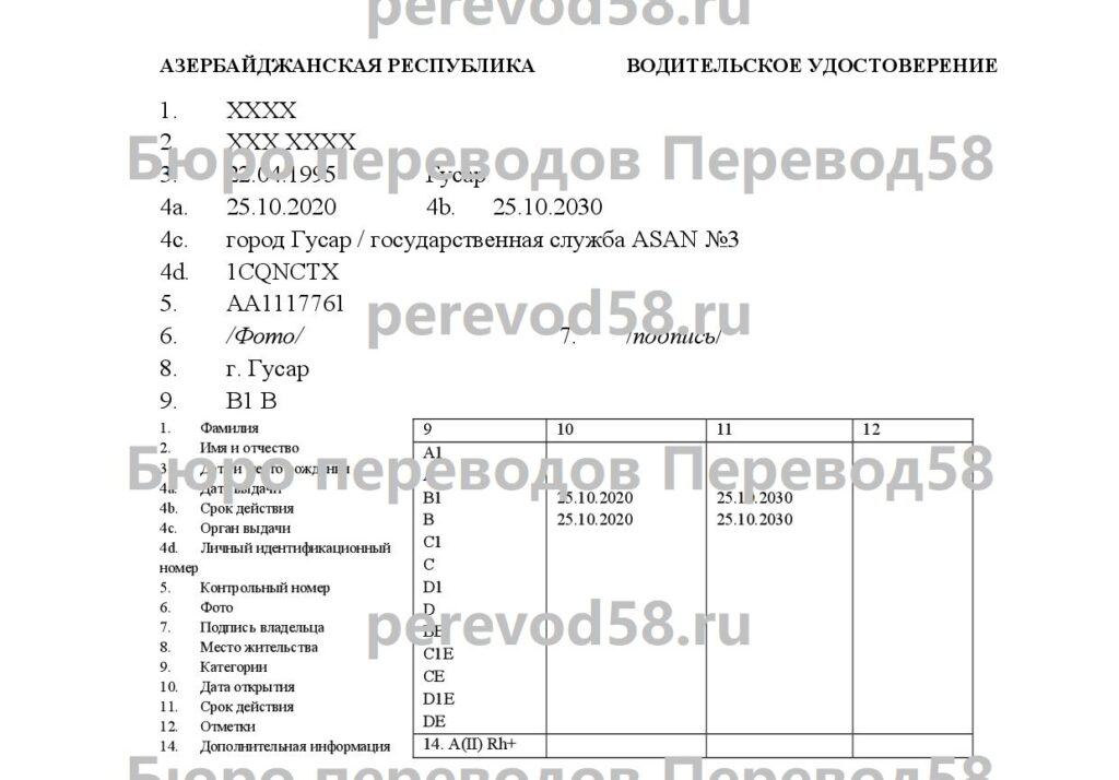 Образец перевода водительского удостоверения с азербайджанского языка на русский язык